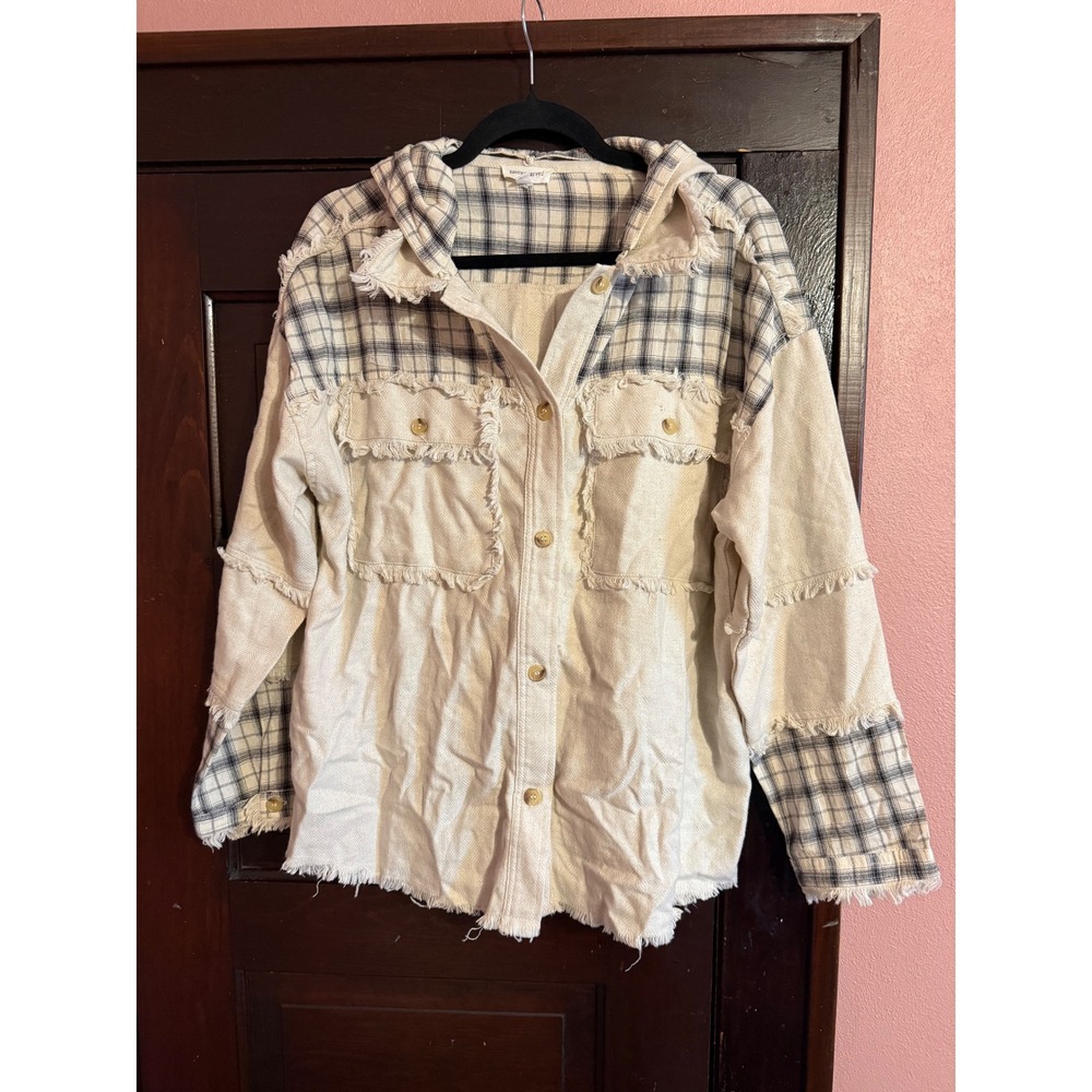 Dance & Marvel Plaid Patchwork Hooded Shacket Frayed Raw Hem Cream Blue Medium